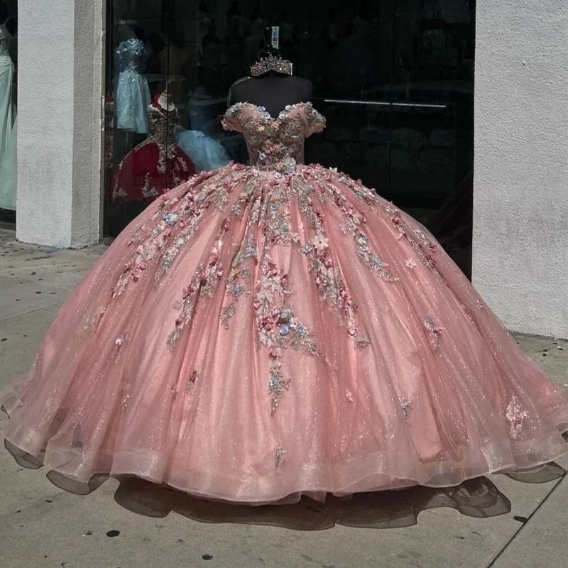 Luxury Pink Shiny Quinceanera Dressess Off The Shoulder Applique Lace Beads Tull vestido 15 De Anos Birhtday Party Lace Up Sweet 16 Dress