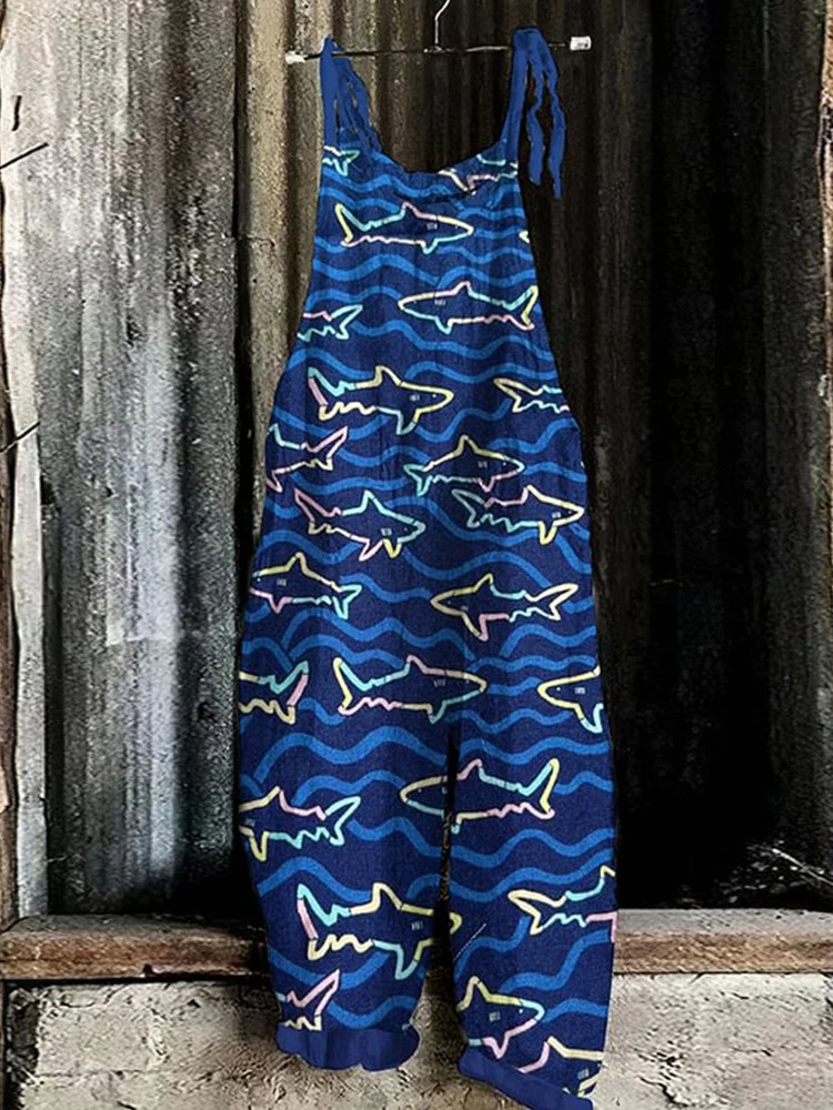 2024 casual fashion elegant womens loose adjustable hanging jumpsuit retro floral geometric print wide leg 250320