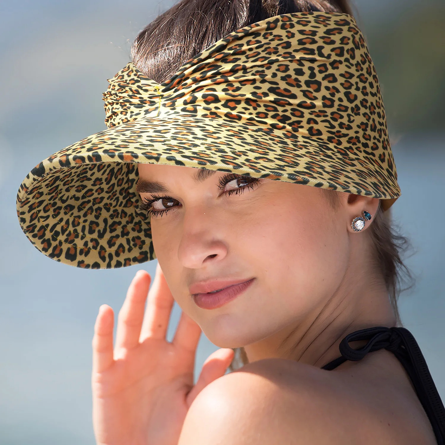 Womens Printed Sun Hat Sun Protection UV Protection Large Brim Face Blocking Outdoor Beach Leopard Print Swimming Empty Top Hat 250320