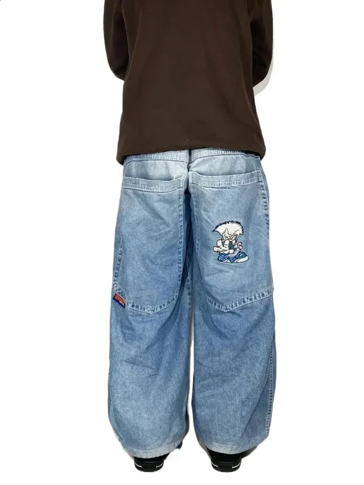 Y2K Kawaii Cartoon Characters Embroidered Light Blue Washed Baggy Jeans Japanese Harajuku Gothic Skateboard Pants Street Clothes 250314