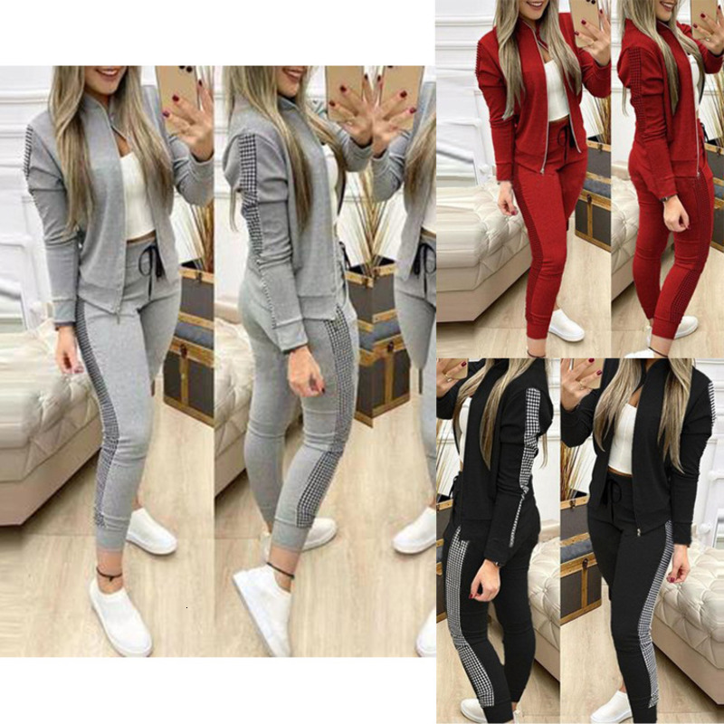2023 Autumn/Winter New Women's Long Sports And Leisure Zipper Splicing Grid Set For Women