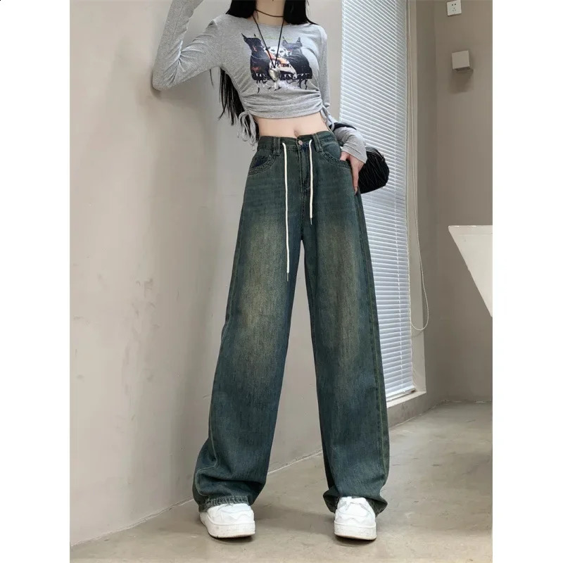 Autumn Plus Size Elastic Waist Slimming Vintage Wide Leg Jeans For Plump Women Casual Comfortable Stretch Denim 250319