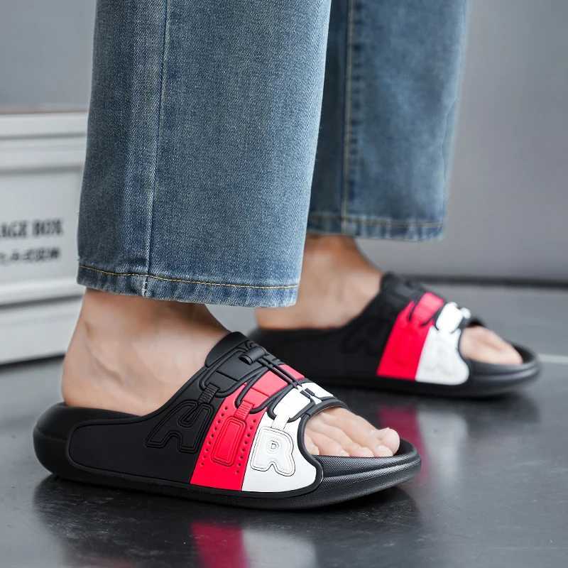 Mens slide fashionable straight slide indoor slide air bath slide outdoor sports beach soft bottom slide Y250320