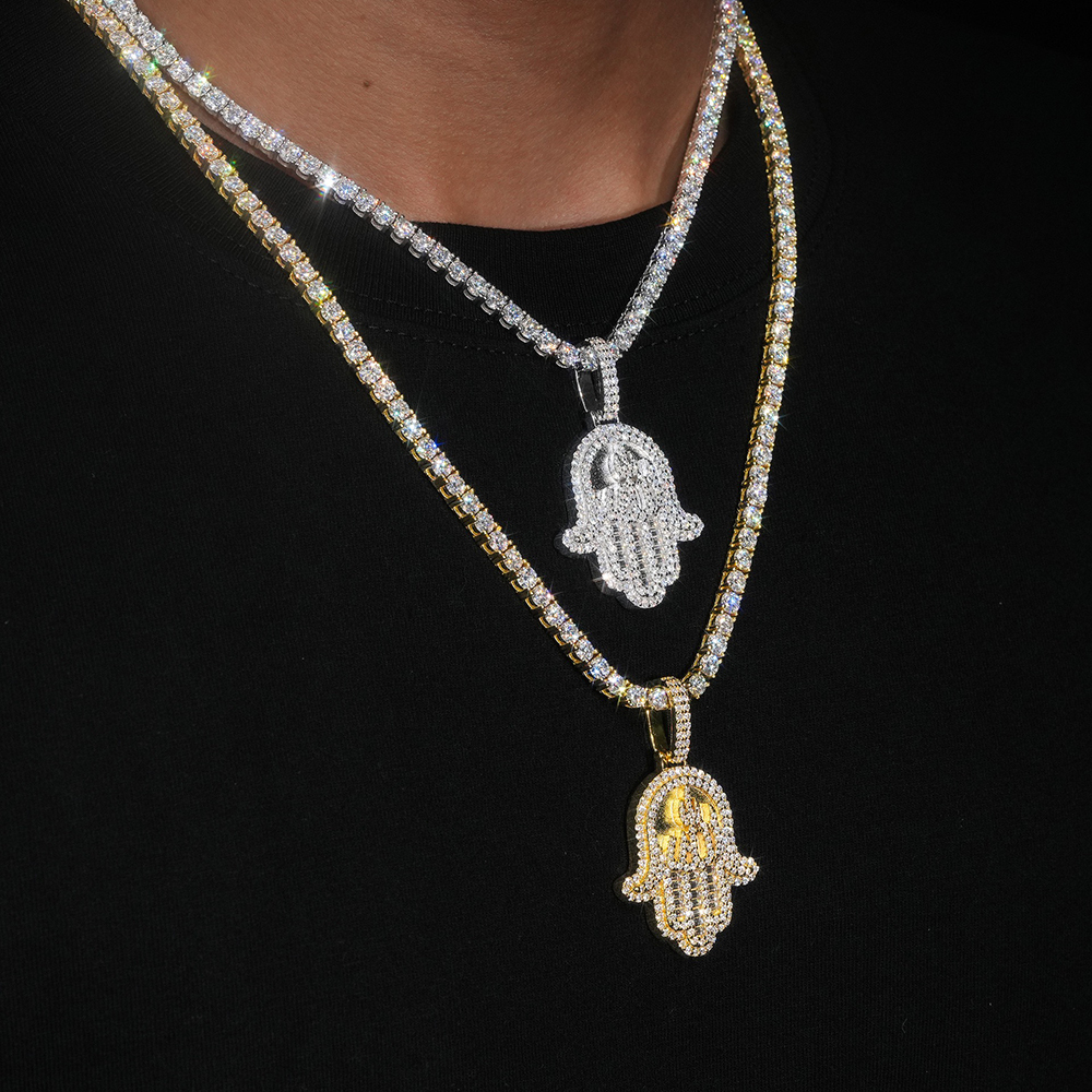 925 Silver Iced Out Baguette Moissanite Hamsa Hand Pendant Hip Hop Simulated Diamond Fatima Pendant with Allah Sign 14k Gold