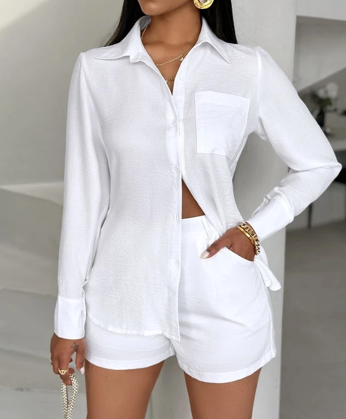 Womens casual pocket n button top and shorts set womens clothing summer fashion 2piece 250320