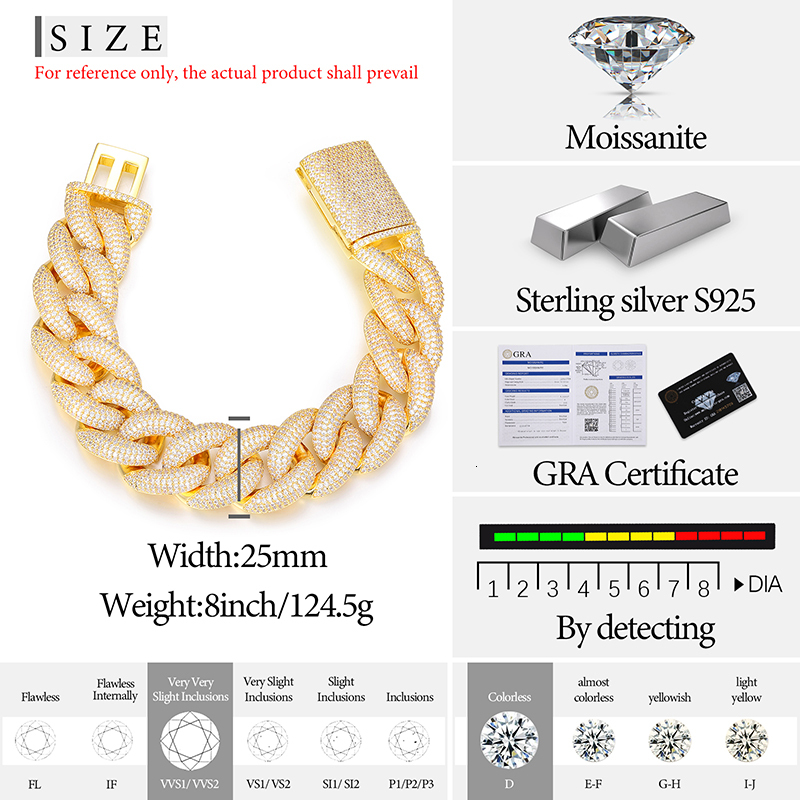 Fine Jewelry VVS1 D Color Moissanite Bracelet Cuban Chain 925 Silver Bracelet For Men Hip Hop Jewelry Gift