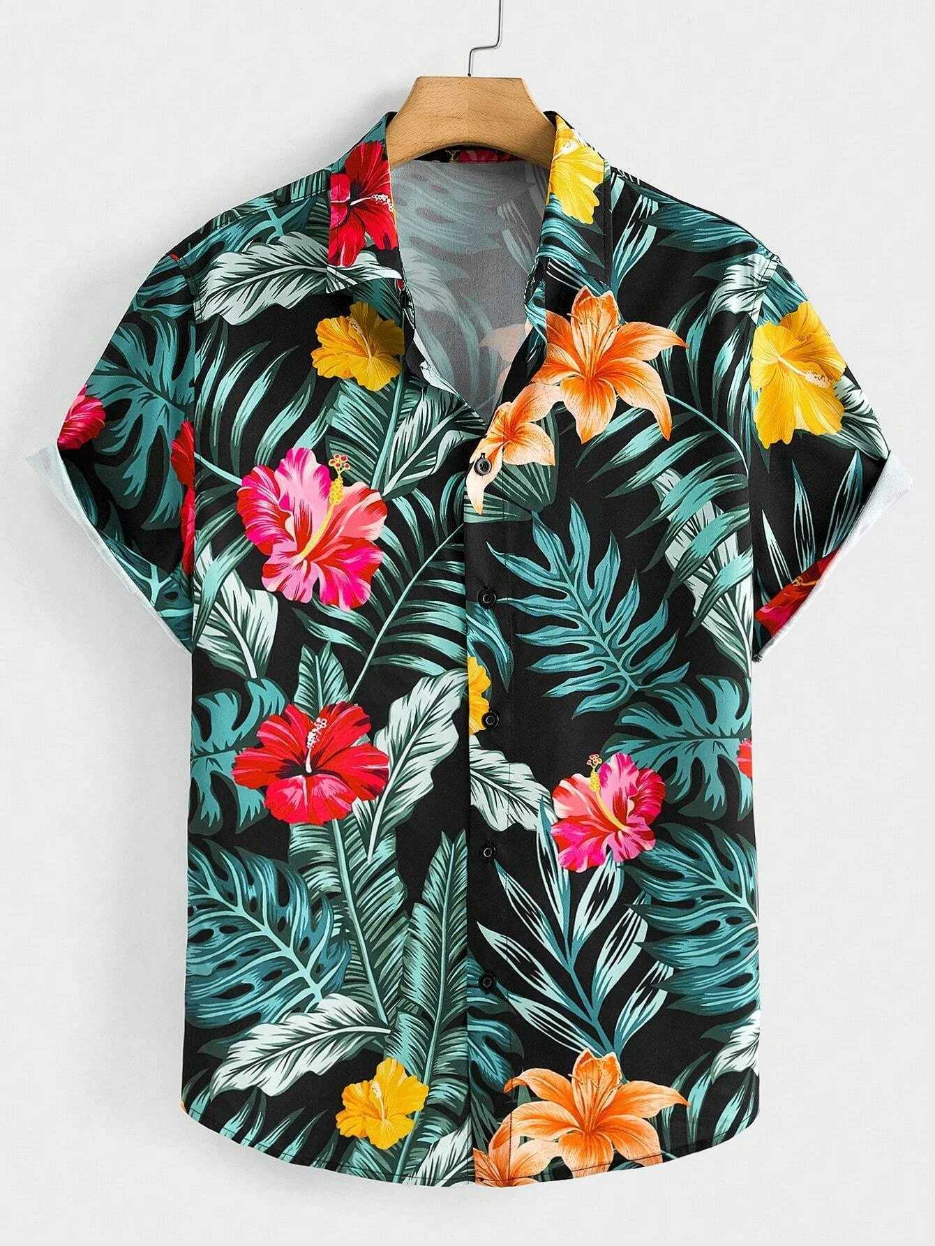 Hawaiian Botanical Flower Print Mens and Womens Short Sleeve Lapel Seaside Button-Down Shirt Top Casual Fashionable Shirts M250320