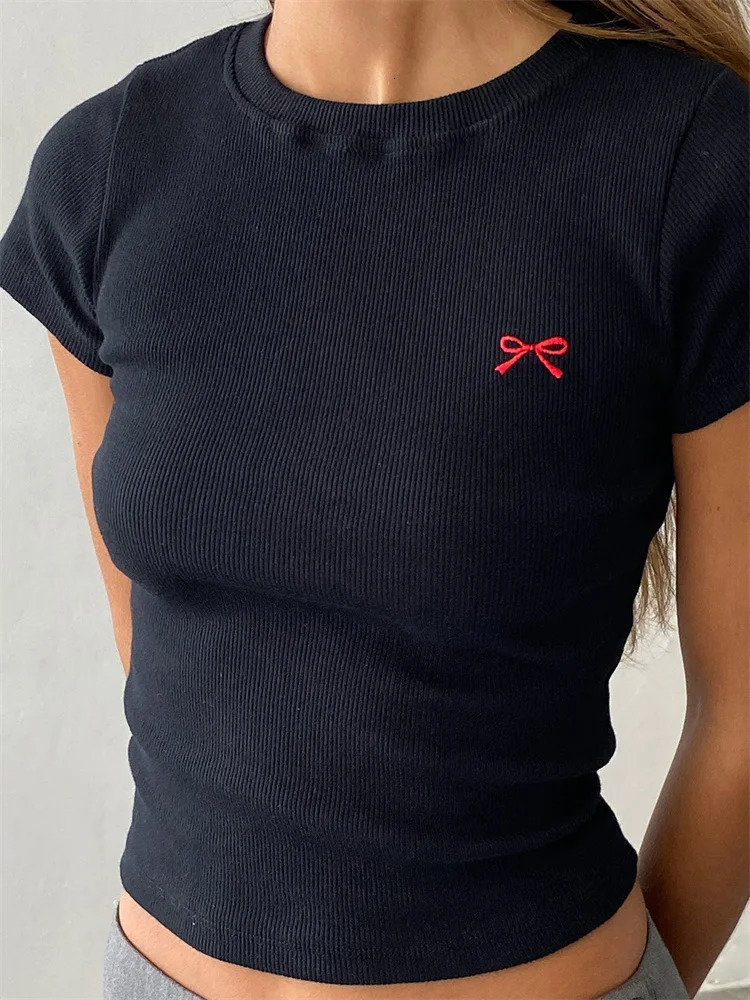 CHRONSTYLE Women Tees Shirt Crop Tops Slim Fit Round Neck Short Sleeve Bow Embroidery Ribbed T-Shirts for Summer Streetwear 250320