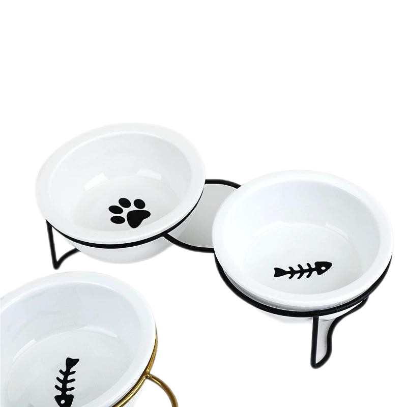 Ceramic bowl, high foot neck protection, double fi bracket, anti knock pet cat and dog food bowl