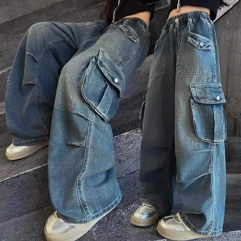 2025 Hot Sale Wide Leg Trousers Teenage Girls Jeans with Big Pocket Four Seasons High Waist Fashion Blue Cargo Denim PantsT250326