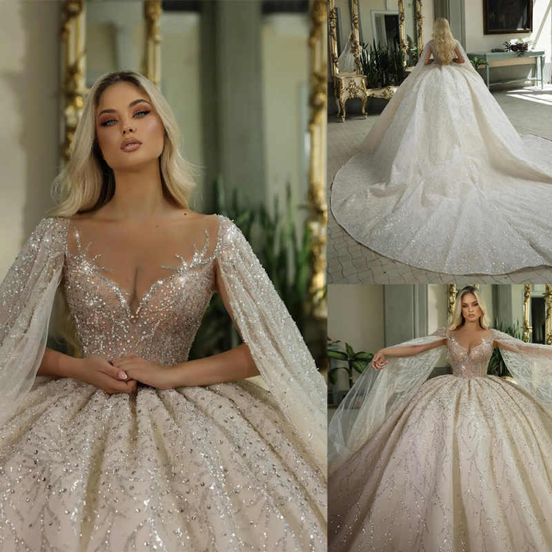 Luxurious Beaded Wedding Dresses Ball Gown Glitter V Neck Vestido De Noiva Crystal Sequined Bridal Dress Customized