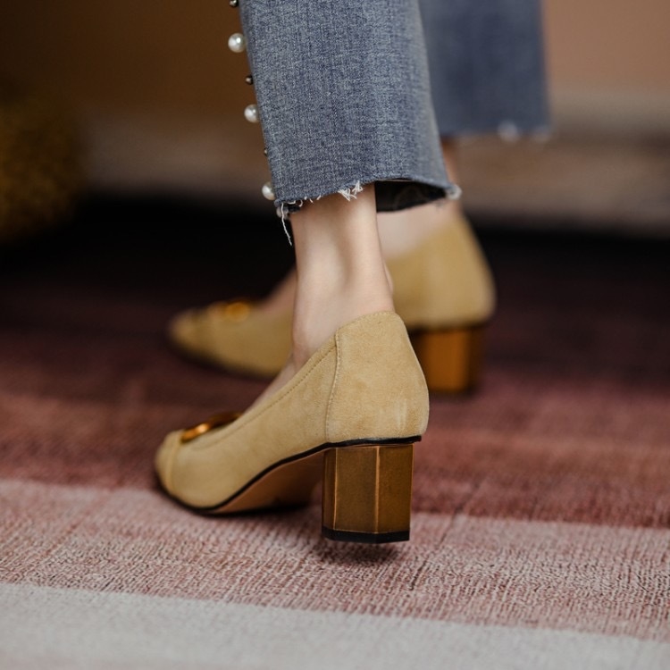 Women's blue square-toe shallow-mouth single shoes new style for spring Women's French high heels with frosted metal thick heels