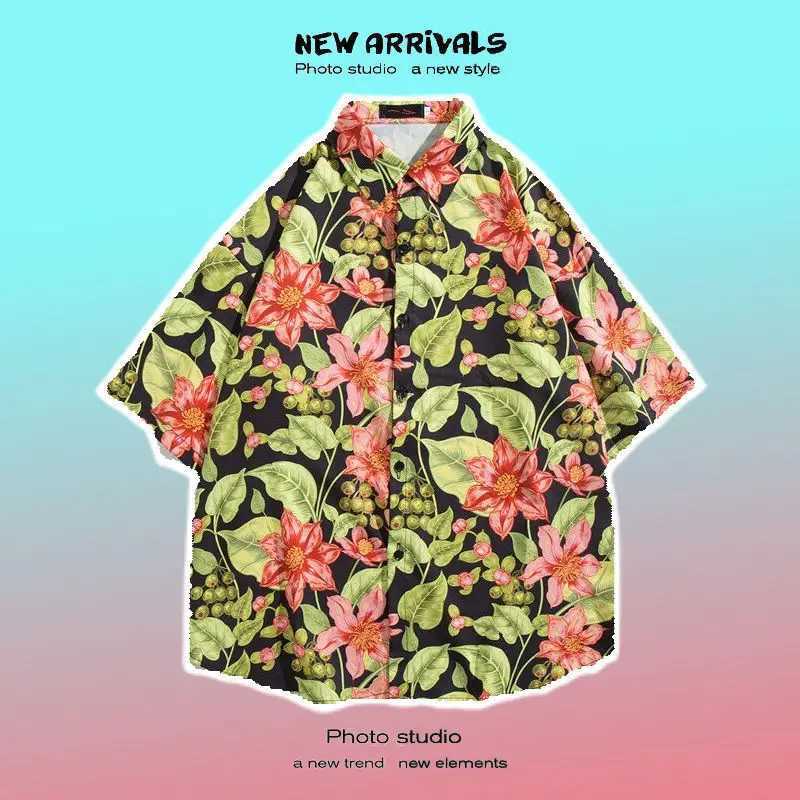 Mens street fashion summer daily shirt Hawaiian cartoon print casual loose shirt short sleeved beach loose top M250320