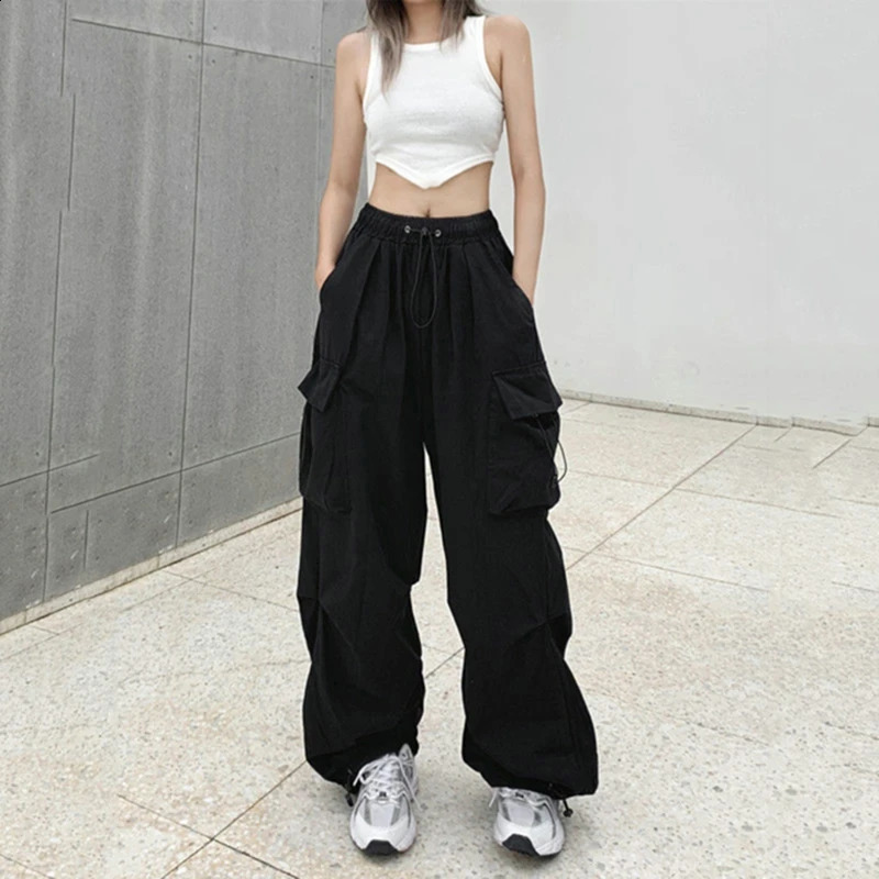 Womens casual pants solid low waisted oversized pockets wide leg Y2K streetwear sports 250319