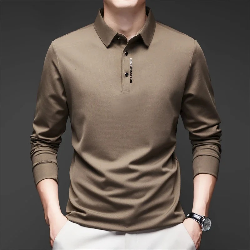 mens business casual long sleeved shirt with badge solid color polo fashionable breathable and comfortable lapel top 250318