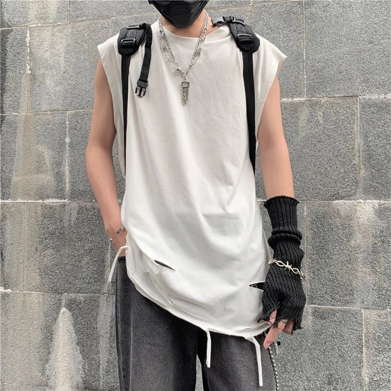 Sleeveless ripped hole mens vest top Korean fashion trend 2xl 3xl super sized full matching inner T-shirt hip-hop punk streetwear 250318