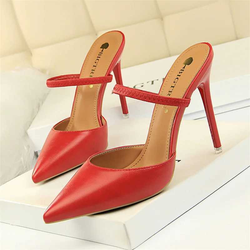 Summer Simple Wen Shallow Mouth Thin High H Mes Slingbacks Slippers Pointed Toe Hollow Wedding Slip Pump Shoes Y250319