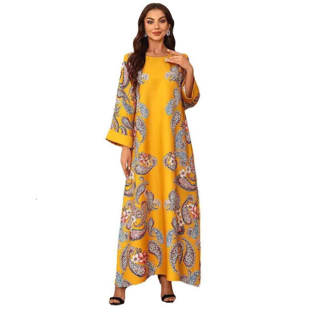2405 Muslim Women's Robe Round Neck Home Dress Long Sleeved Floral Rhinestone Studded Nail Beads