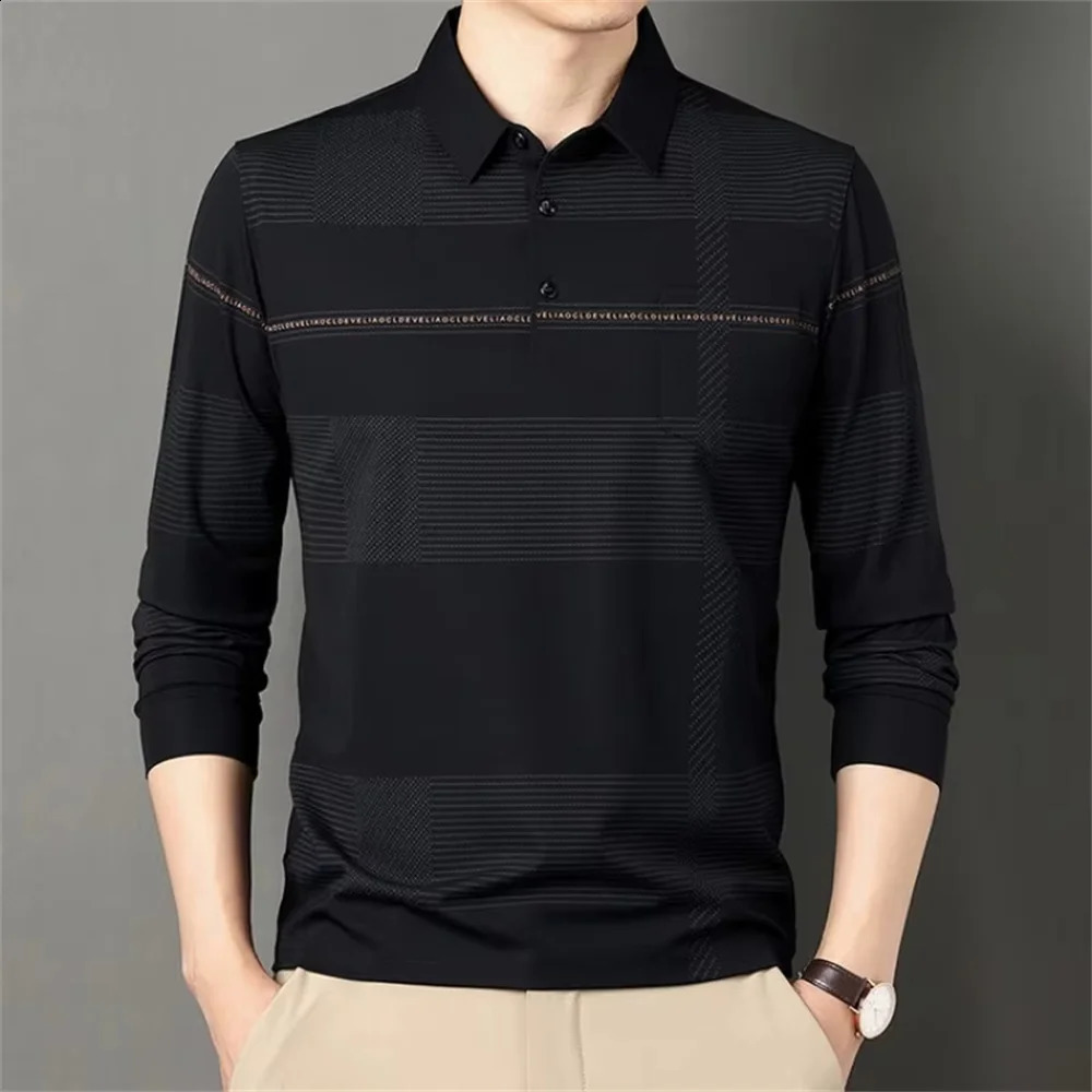 Mens Business Casual Long Sleeved Shirt Solid Color Polo Shirt Fashionable Breathable Comfortable Versatile Top 250319