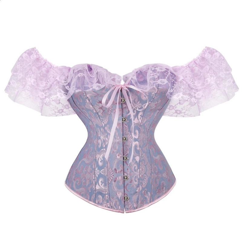 Women Sexy Corset Top Plus Size Vintage Flowers Lace Up Trim With Sleeves Shoulder Bustier Satin Overbust Burlesque Costumes 250319
