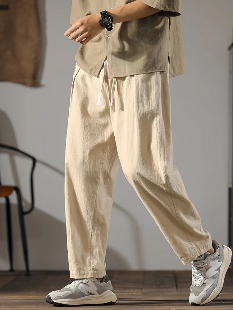 Japenese Cotton Linen Pants Men Summer Straight Casual Ice Silk Sweatpants Male Wide leg Oversize Linen Trousers 2024 250312