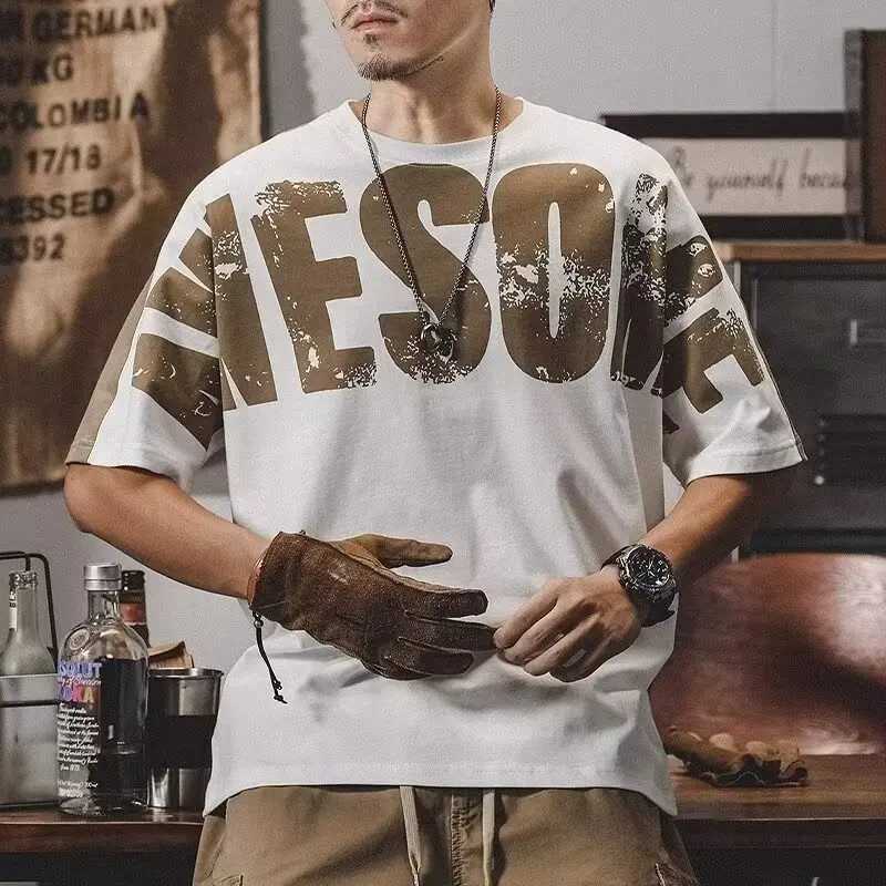 American Vintage Mens 2024 Summer New Pullover O-Neck Patchwork Letters Loose Comfortable All-match Short Sleeved T-shirt TopsT250319