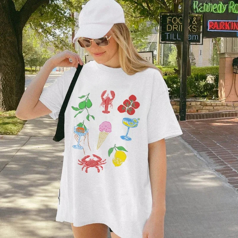 Women Retro Italian Food T-Shirt Cute Lobster Seafood T Shirt Cocktail Fruit Graphic Tee La Dolce Vita Shirt Summer Vacation Top 250320