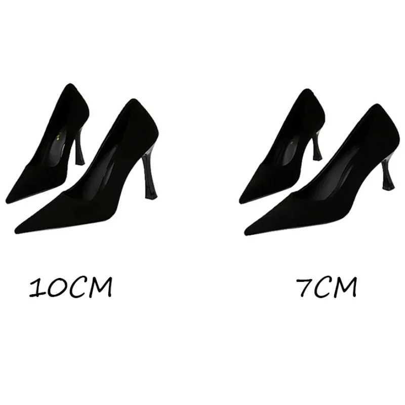 Women Elegant 7cm 10cm Thin High Heels Pointed Toe Party Black Pumps Lady Western Style Simplicity Formal Flock Shallow ShoesC250319