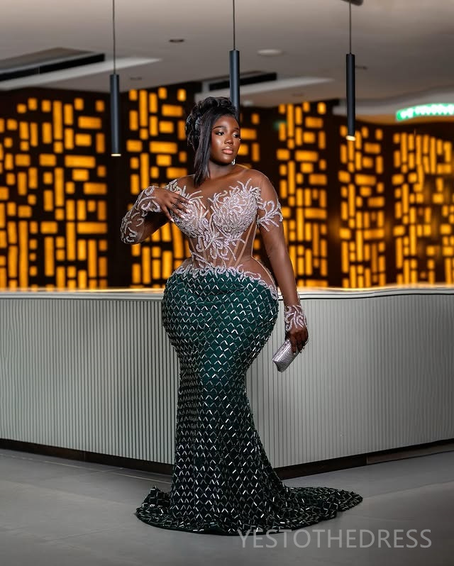 Plus Size Aso Ebi Prom Dresses 2025 Mermaid Prom Dress For Special Occasions Sheer Neck Long Sleeves Illusion Beaded Lace Birthday Second Reception Go