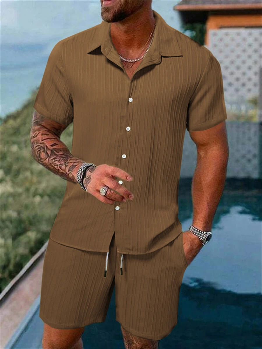 Vintage Men Shirts Sets Summer Solid color Print Beach Short Sleeve Shirt Shorts Casual Mens Hawaiian 2 Piece Oversized Suit 250319