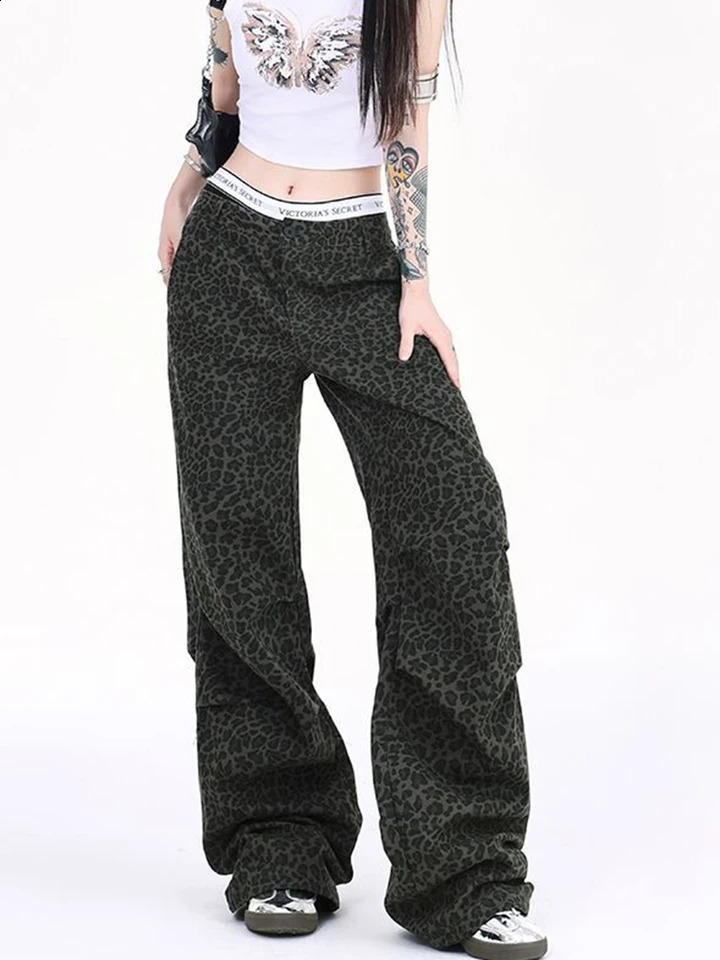 Zoki Y2K Leopard Cargo Jeans Women Harajuku Streetwear Loose Denim Pant Fall Vintage American Casual Bf Gothic Hip Jop Trousers 250319