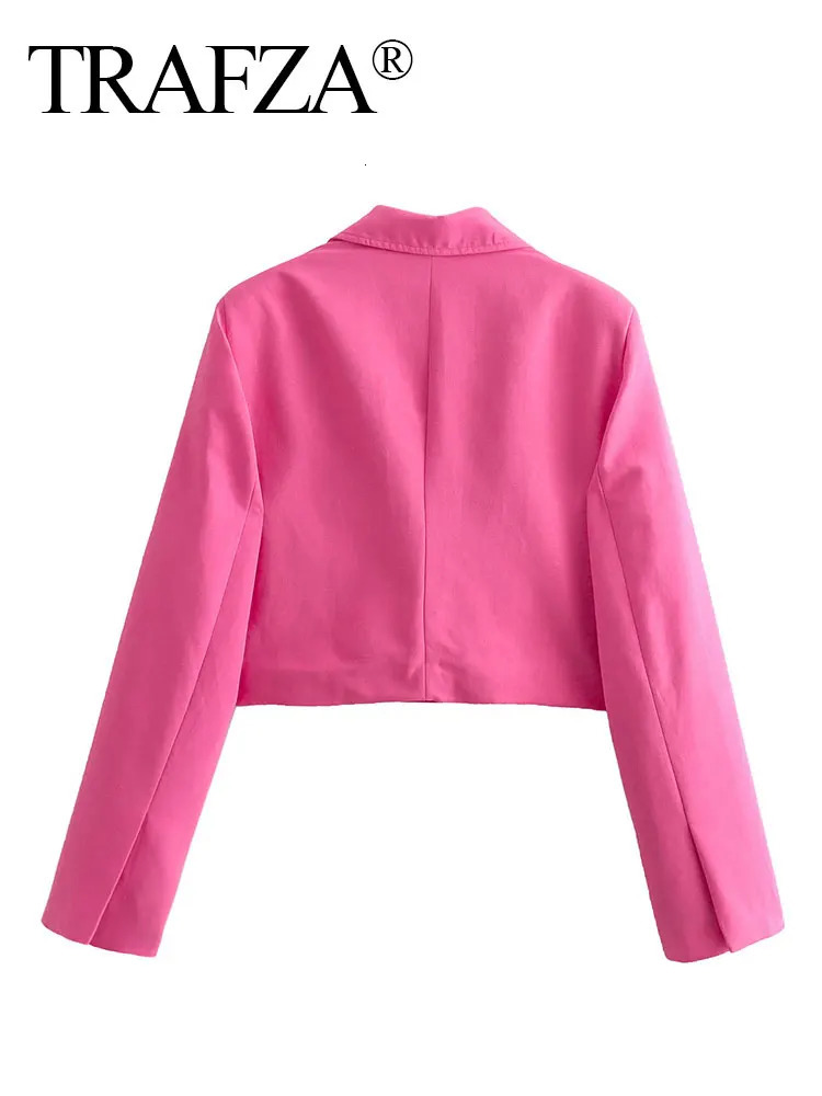 TRAFZA Women Cropped Blazer Coat Sweet Pink Single Button Long Sleeve Slim Jacket Spring Autumn Female Commuting Suits Outwear 250314