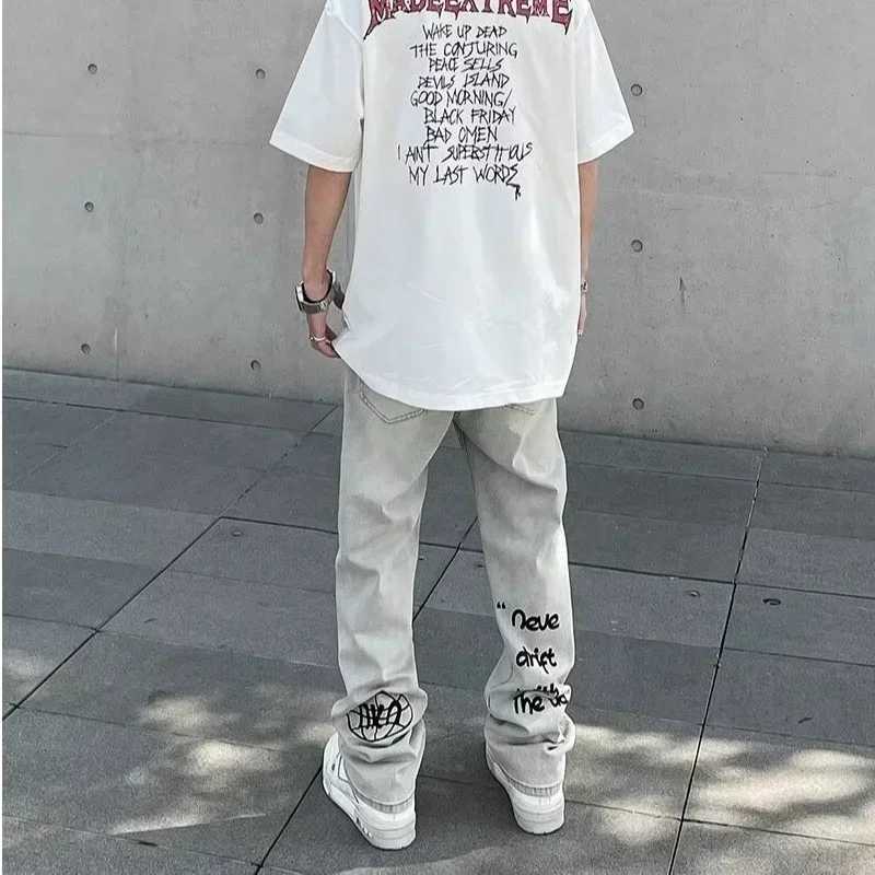 Spring Gothic Letter Printed Baggy Jeans Mens Y2K Vintage Streetwear Straight Denim Pants Hip Hop Fashion Harajuku JeanT250319
