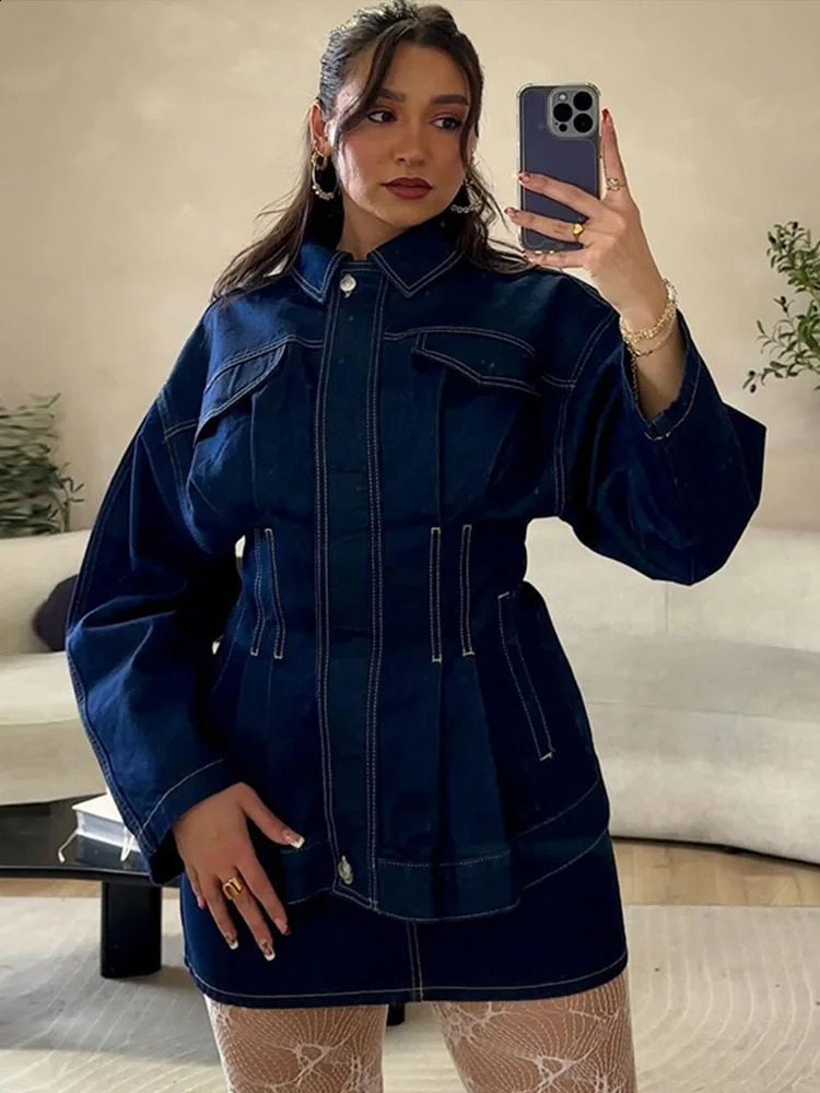 Street denim lapel jacket womens ultra-thin long sleeved single chest womens Midi jacket spring fashion retro waist jacket 250317