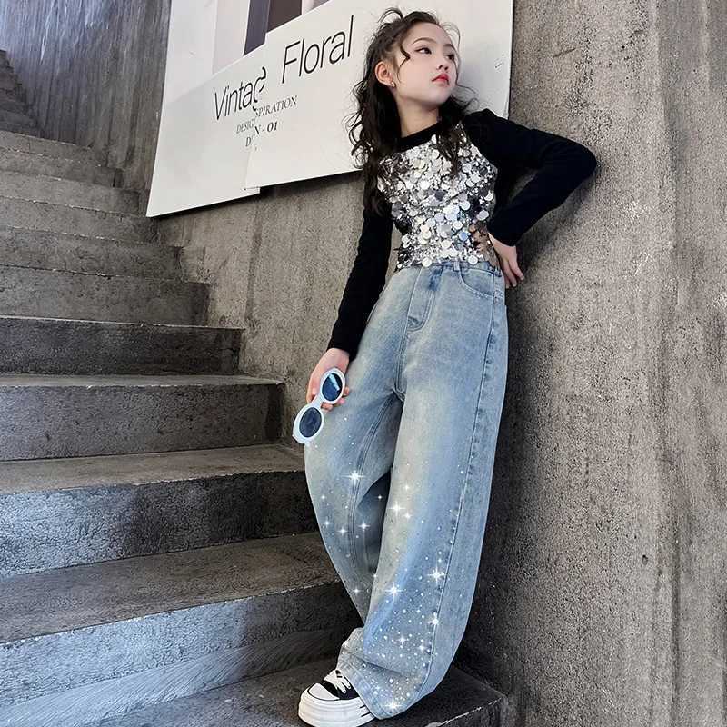 New Childrens Girls Wide Leg Jeans Spring Fashion Rhinestone Shiny Elastic Waist Pants Casual Childrens Denim ShortsT250326