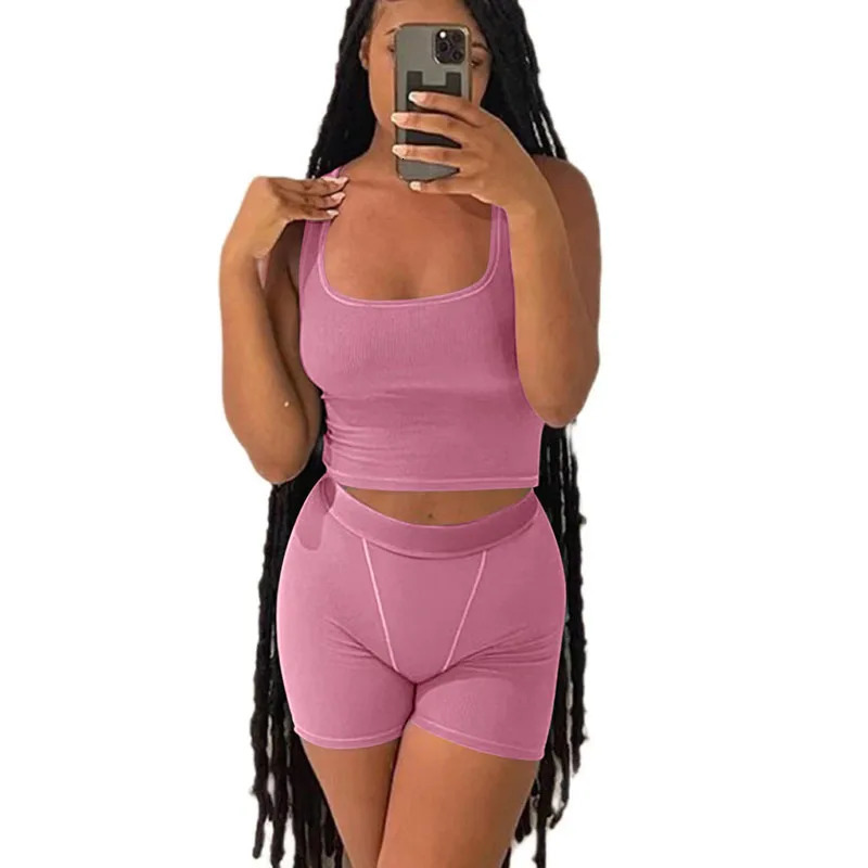 Casual Workout Sets 2 Piece Outfits for Women Ribbed Crop Tank Top High Waist Yoga Shorts Lounge Wear Tracksuit 250320