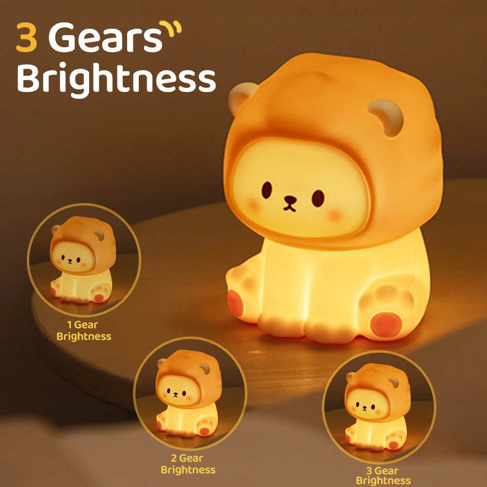 Cute Panda LED Night Lights Lion Silicone Sleeping Lamp USB Rechargeable Timing Bedside Baby Nightlights For Birthday Gift 250319