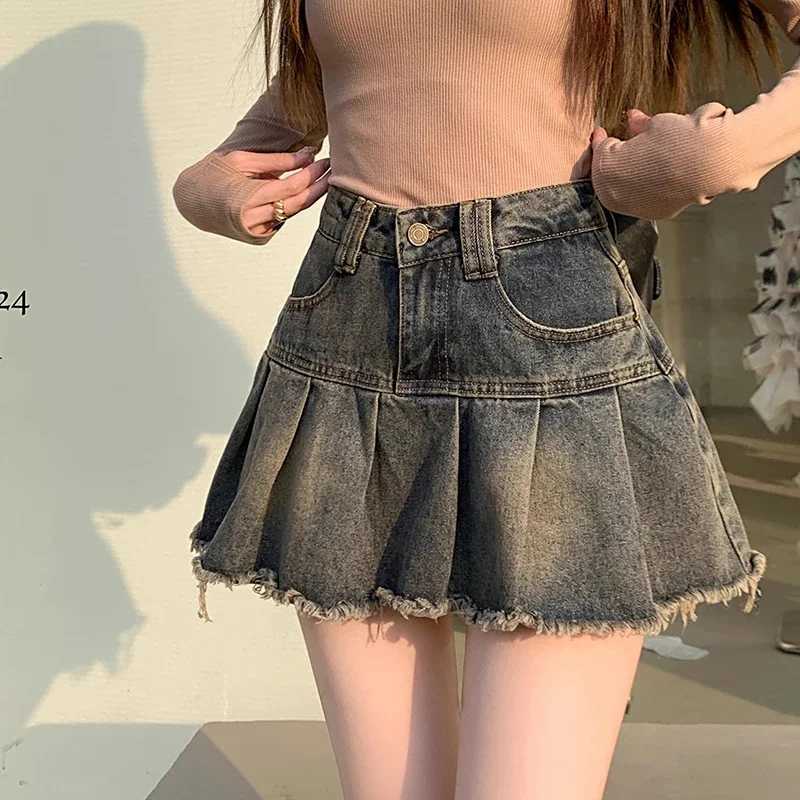 Summer womens Y2k high waisted mini skiing girl Korean A-line denim pleated dress Fe fashion punk blue Harajuku jeans skiingXJ250320