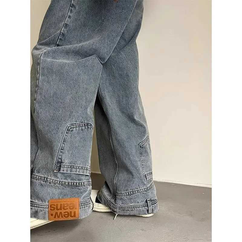 American style High Street Upside Down Design Sensitivity jeans European American hip-hop streetwear mens straight pantsT250319
