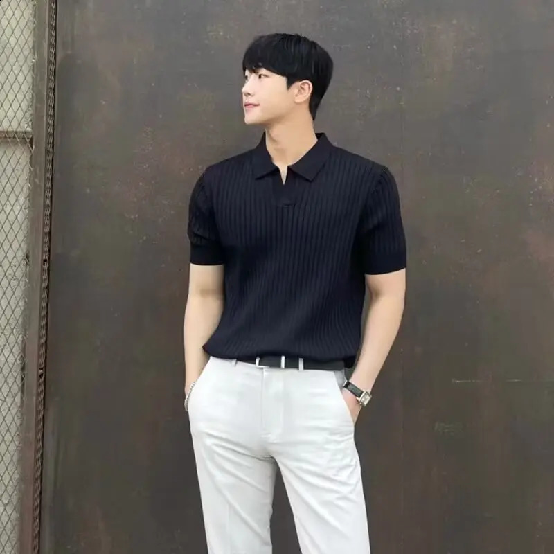Summer Men Short Sleeve Polo Shirts Fashion Casual t-Shirts Breathable Knitted Tops Soild Turn-Down Collar Polo Tee Man Clothes 250319