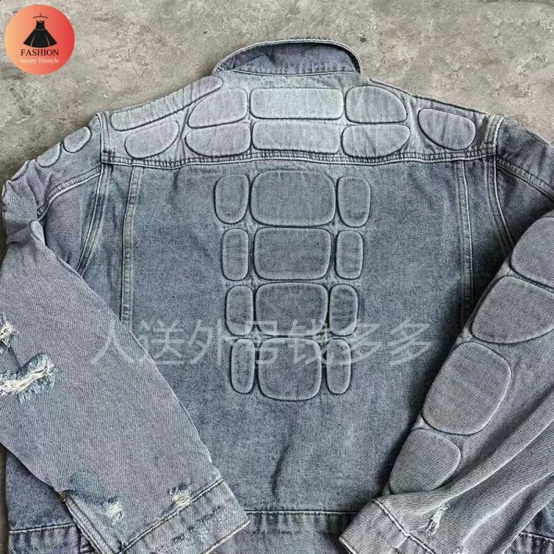 Heavy duty industrial YZY 3D embossed denim jacket washed and pleated shirt vintage mens high-quality jacket 250319