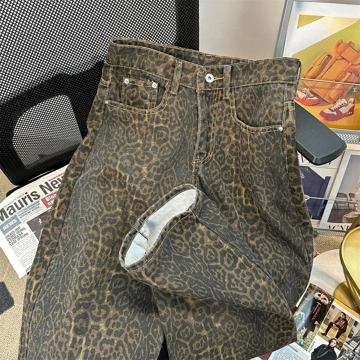 Retro Spring Trendy Leopard Print Jeans Womens American High Street Trousers Y2K Harajuku Style Baggy High Waist Casual Pants 250319