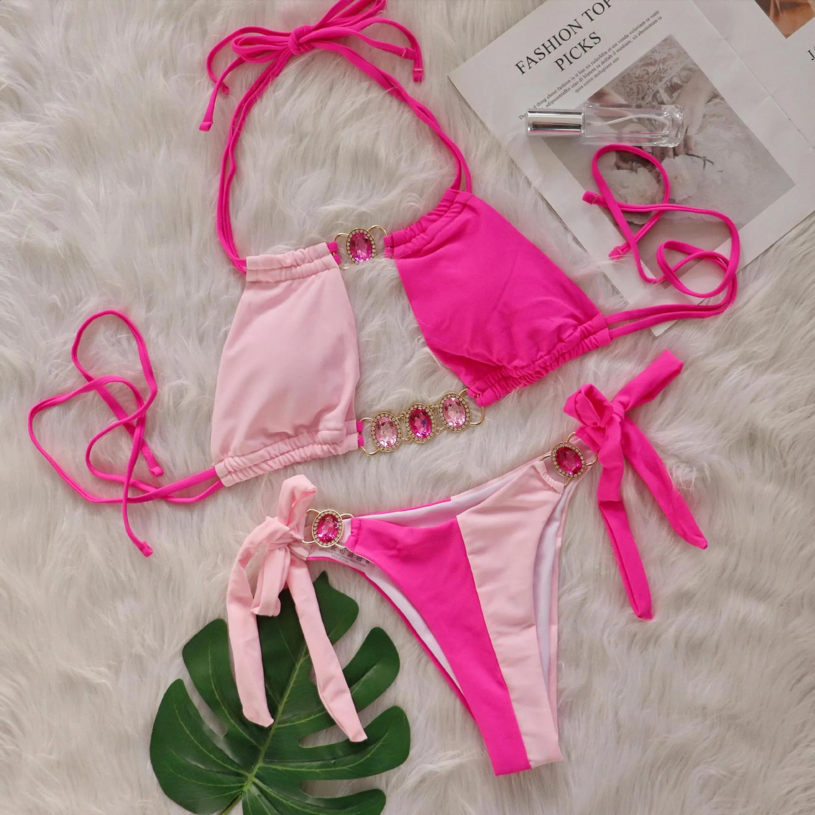 SERENECHIC 2025 Sexy Splicing Bikini Set Crystal Diamond Blocks Color Two Piece Swimsuit Womens Beach Wear 250319