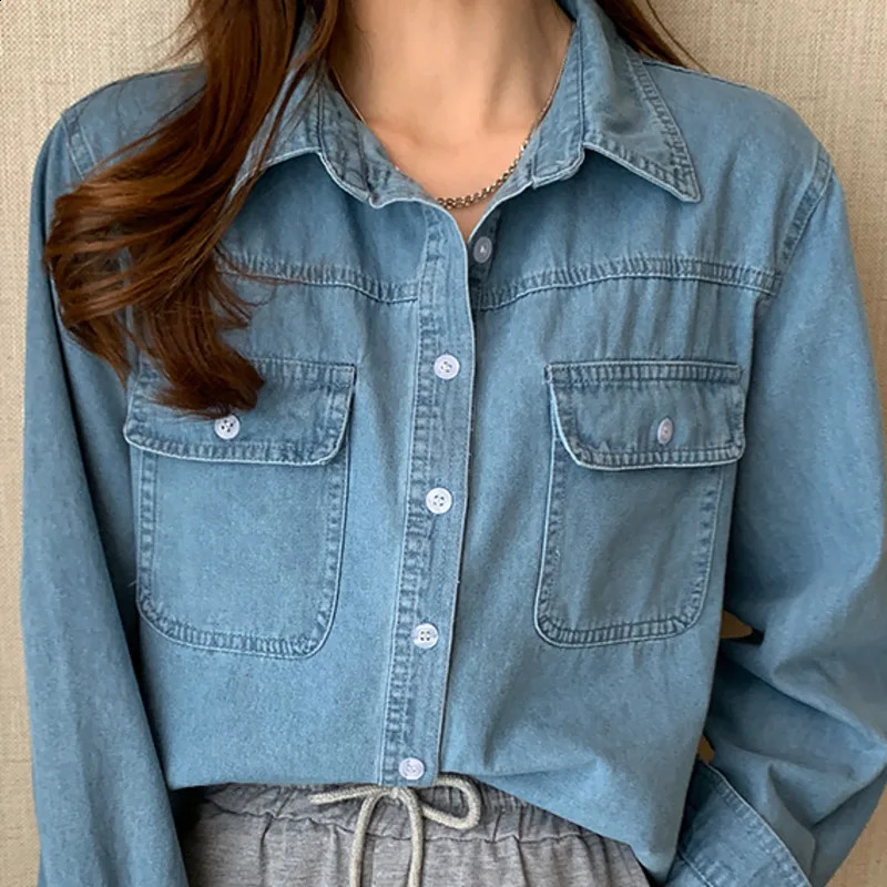 #3110 Spring Autumn Retro Blue Cotton Denim Womens Tops And Blouses Loose Casual Office Shirt Jeans Femme Turn-down Collar 250319