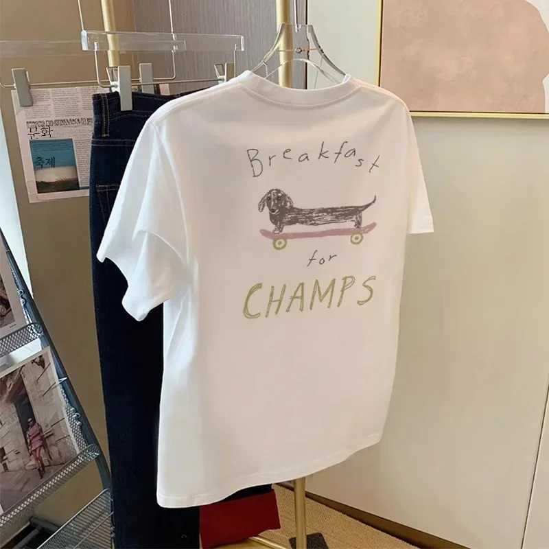 Womens white short sleeved cotton T-shirt womens spring and summer cotton loose design retro casual T-shirt top InsT250320