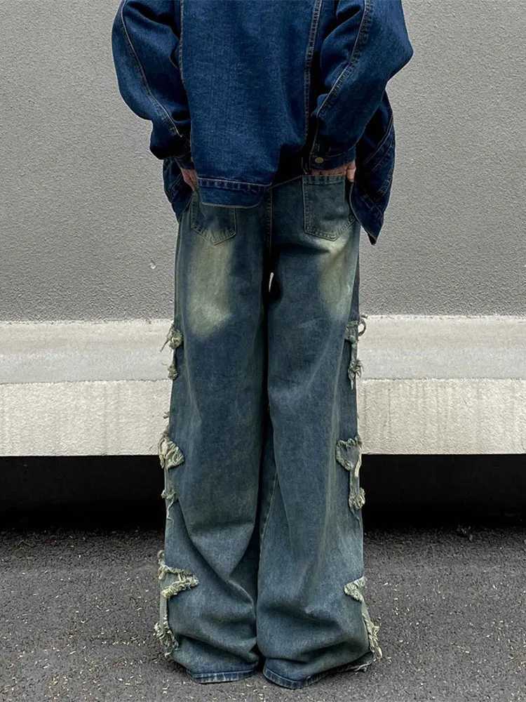 2024 Clothing Y2K Streetwear Star Patch Embroidery Baggy Stacked Jeans Pants For Men Clothes Wide Leg Old Straight Denim TrousersT250319