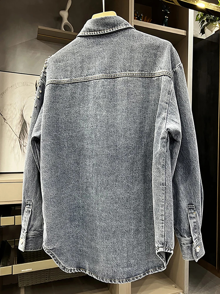 DEAT womens denim shirt patch work sheet pocket panel loose long sleeved diamond shirt spring item 29L2946 250317