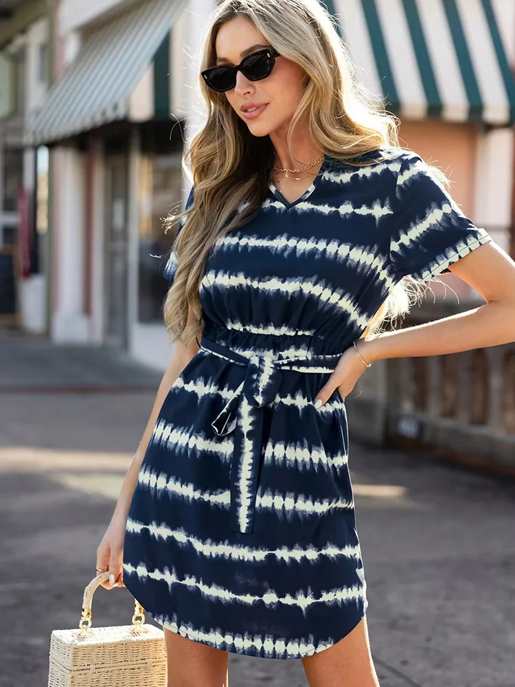 2025 Summer Women Dress Short Sleeve Mini Causal Dresses VNeck Basic Aline Laceup Streak Tiedye print Vacation Bech 250319