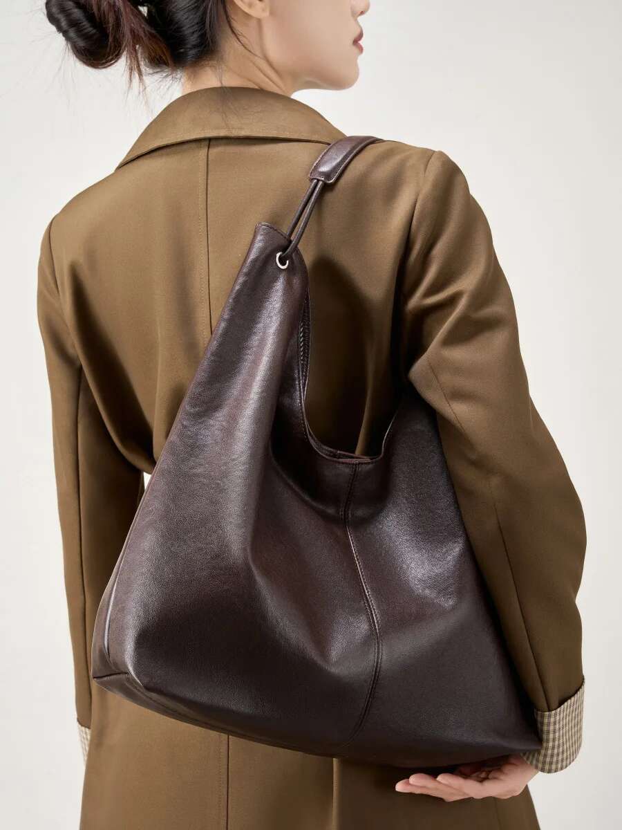 Chic Leather Handbag Tote For Women Vegetable Tanned Cowhide Shoulder Versatile Large Capacity Work Shopper Underarm Bag