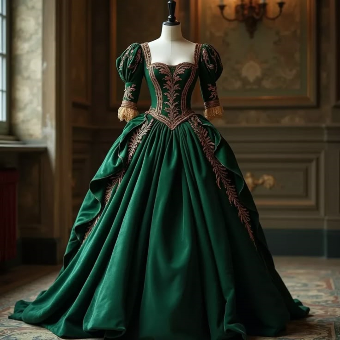 Vintage Victorian Dark Green Prom Dresses Half Sleeves Square Collar Corset Ball Gown Evening Gown Appliques Medieval Special Occasion Dress